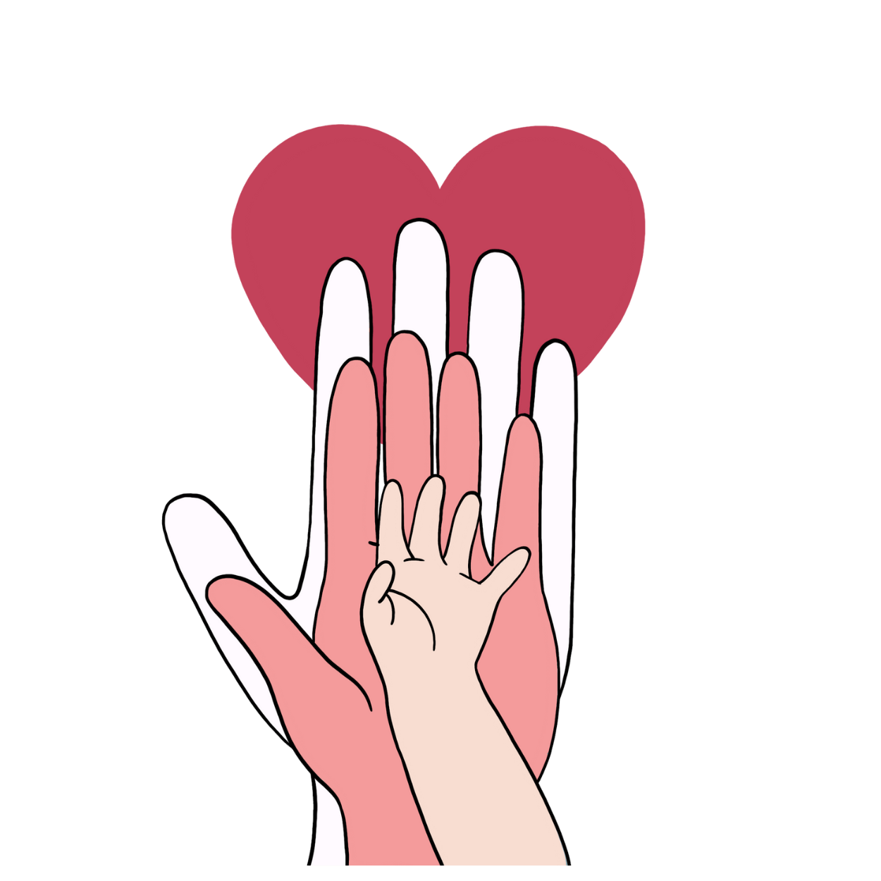 Illustrazioni di 3 mani che si sovrappongono sopra un cuore, mano del bambino, mano della mamma e mano del papà