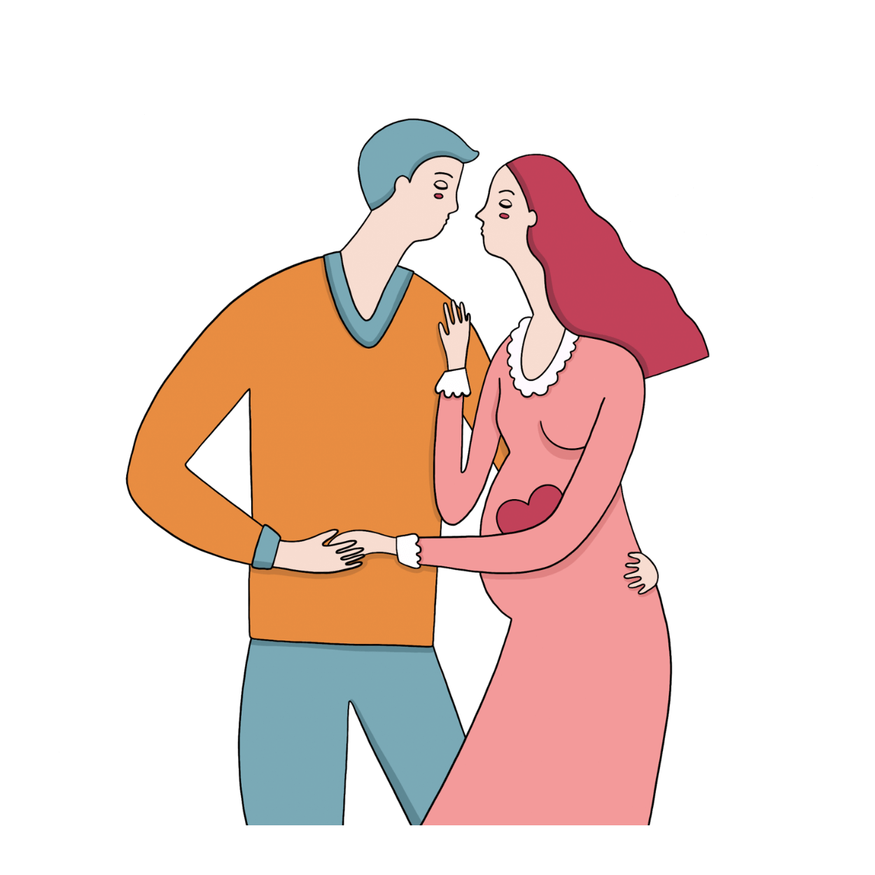 Illustrazione di coppia con donna incinta che si abbracciano viso a viso