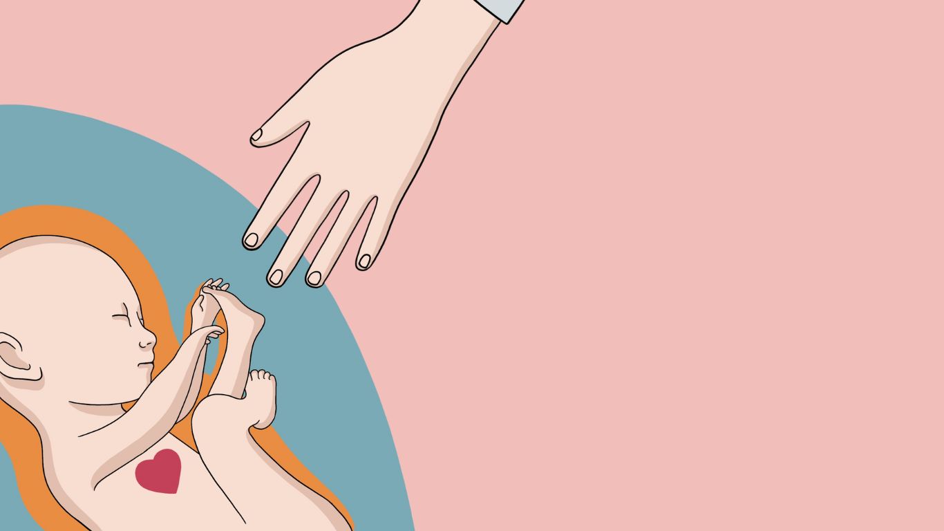 Illustrazione di Vedo in 3d con sfondo rosa, mano tesa dall'alto verso un bambino rappresentato con intorno colori arancione e azzurro dentro la pancia