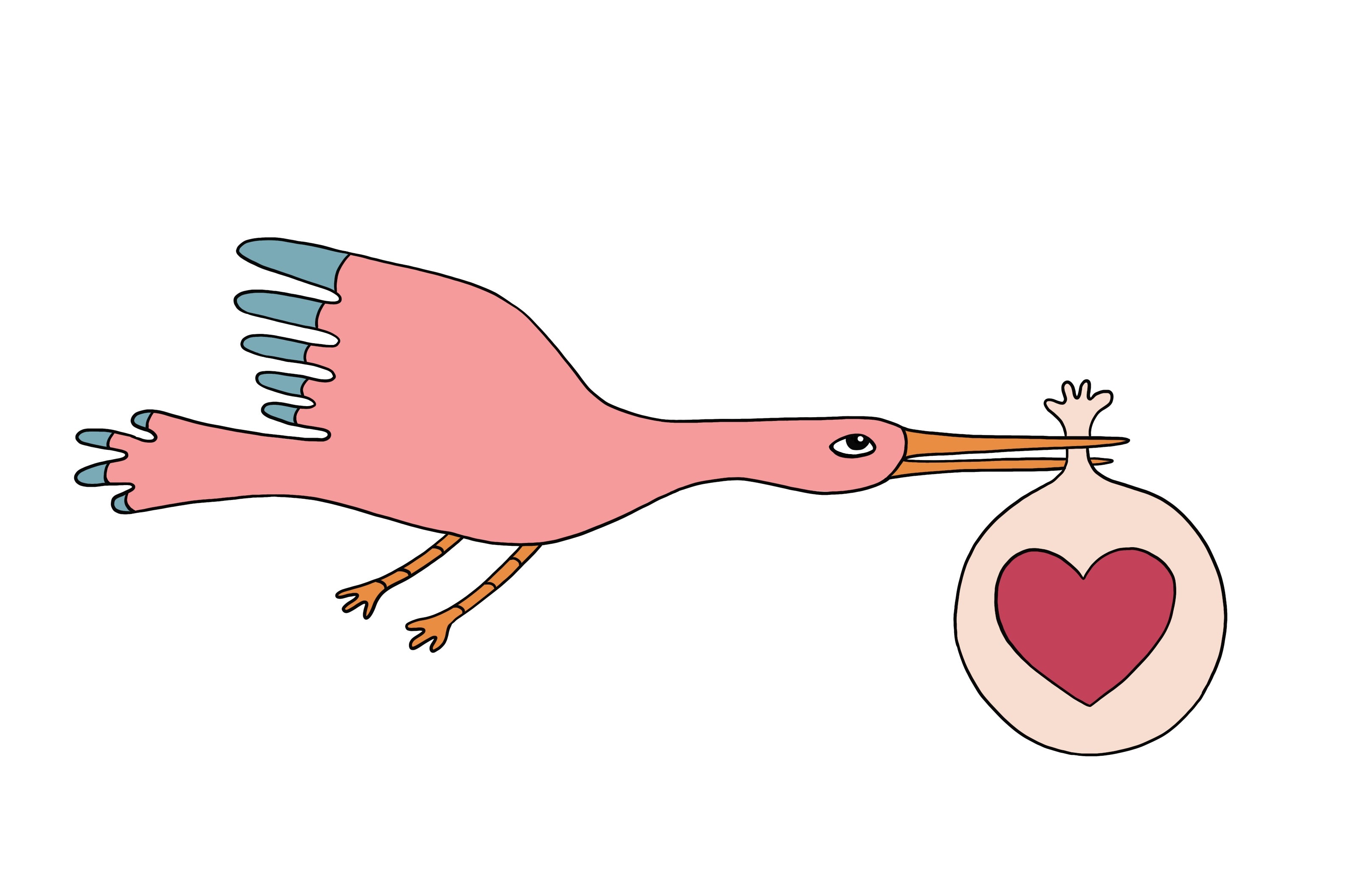 Illustrazione sui toni del rosa, rosso amaranto e azzurro di una cicogna rosa  con le punte delle ali azzurre, in volo su uno sfondo bianco che ha nel becco arancione un sacco rosa con un cuore rosso disegnato all'interno che rappresenta un bambino neonato