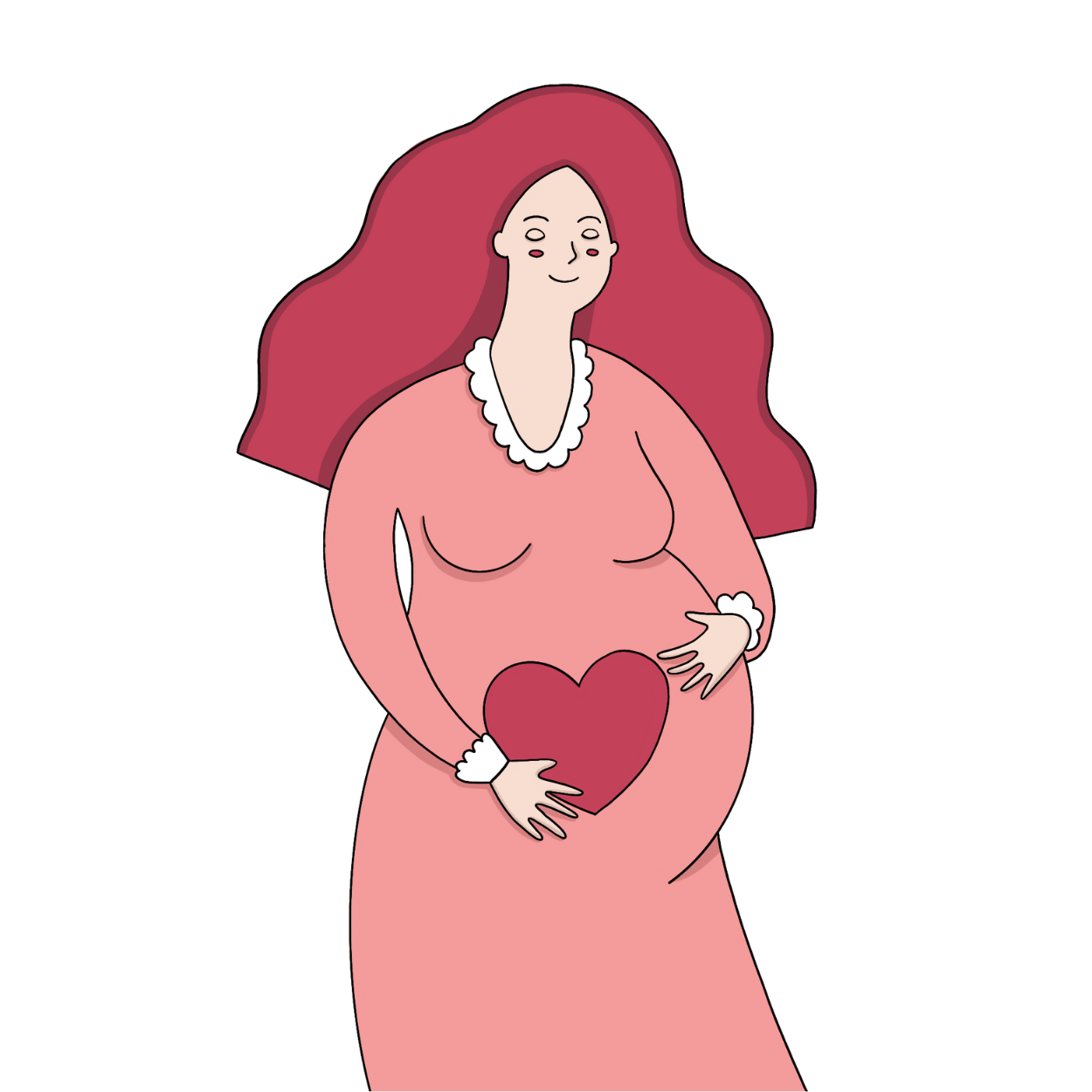 Illustrazione rosa di donna incinta con le mani sul pancione e un cuore dentro la pancia